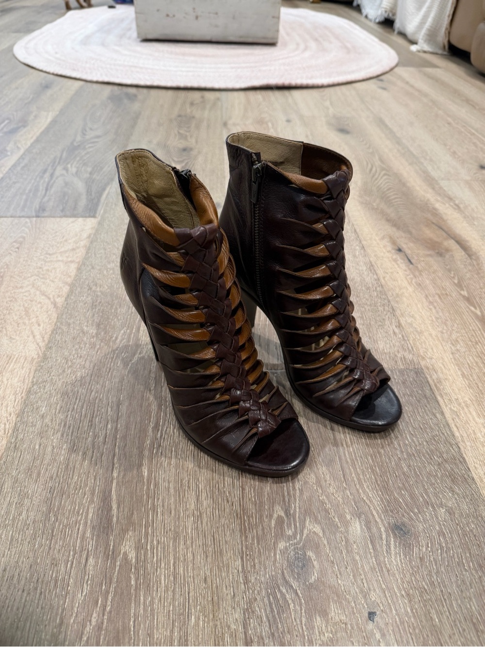 Frye Dark Brown Leather Strappy Peep-Toe Heels